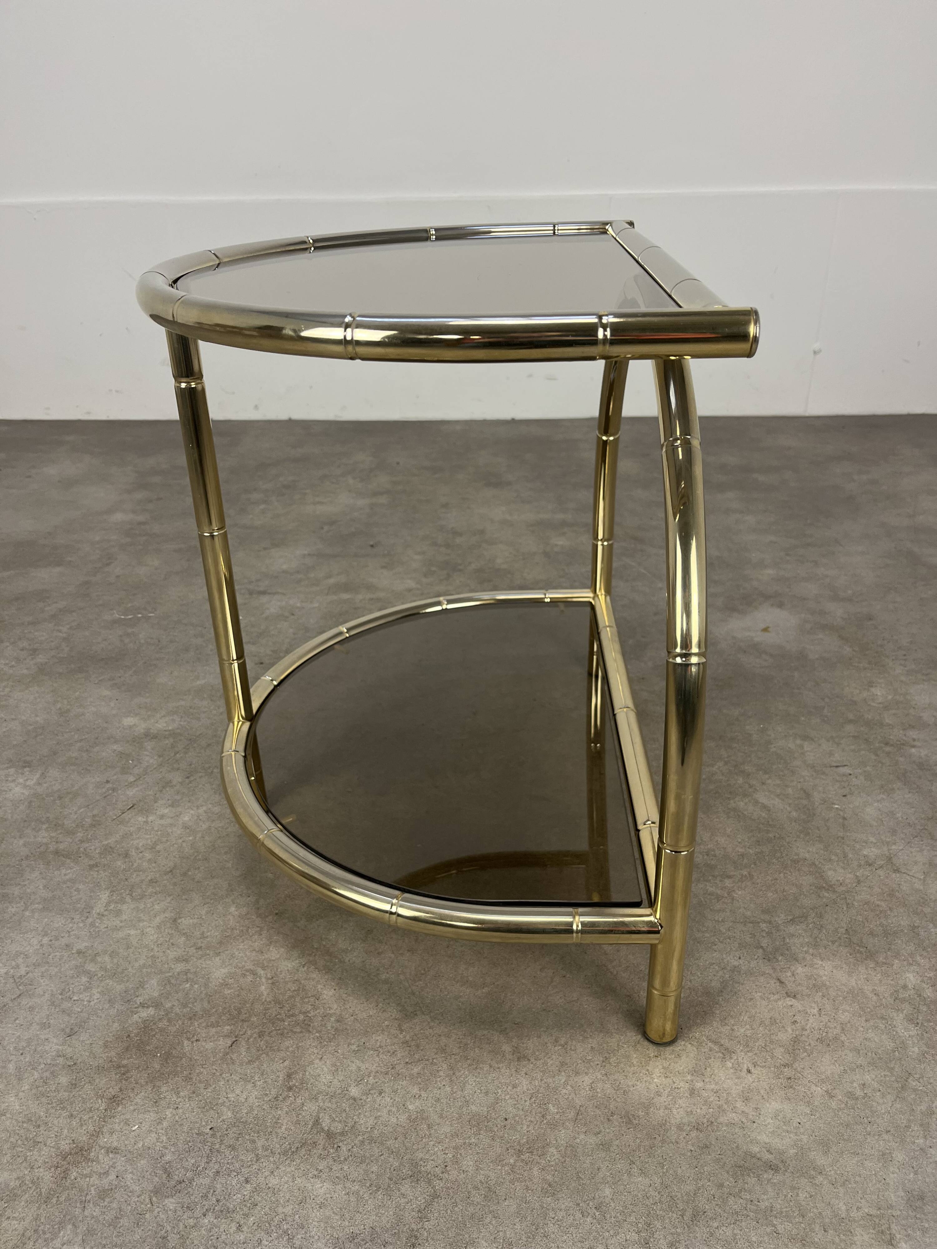 Hollywood Regency bamboo side table, gold and smoked glass, 70s