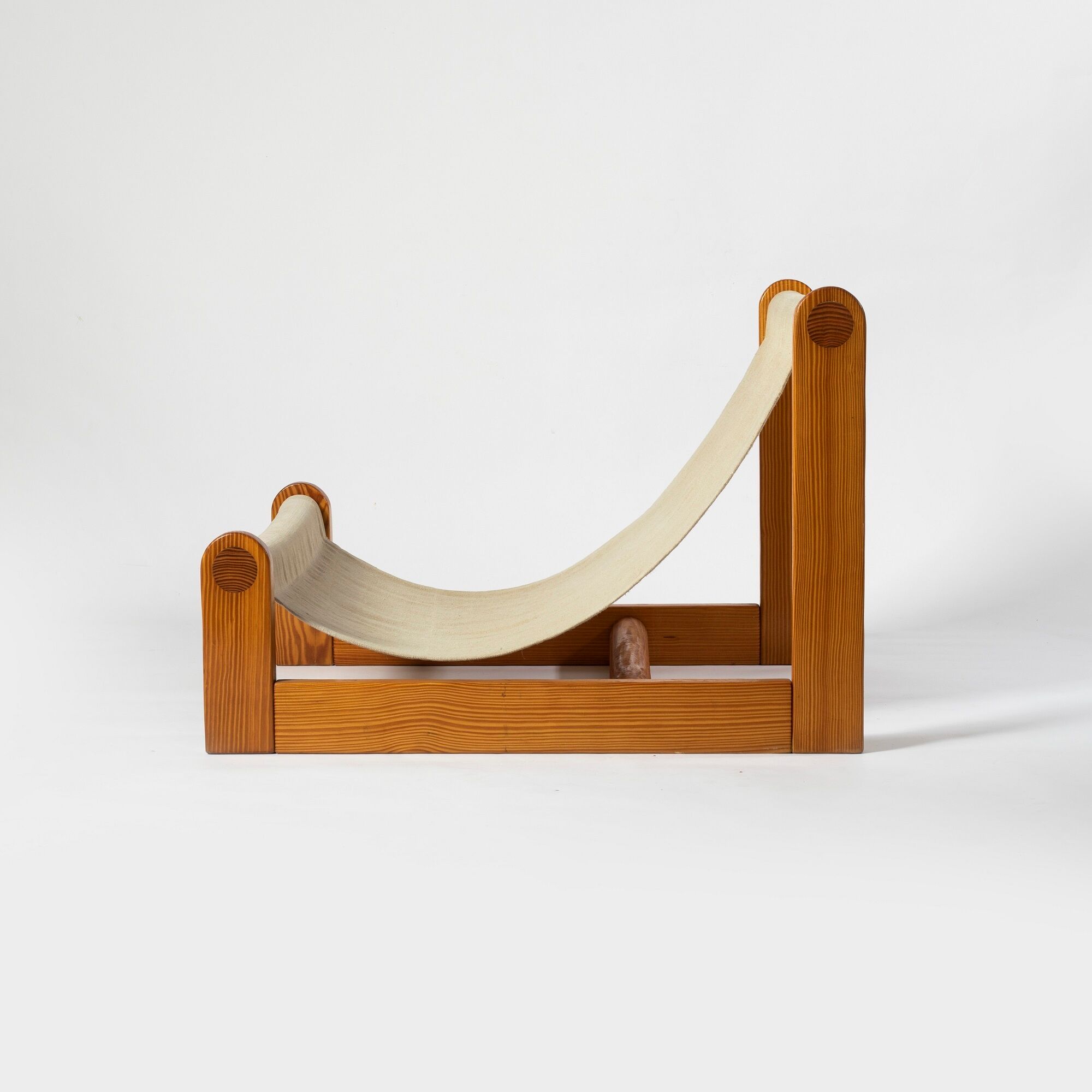 Brutalist sling lounge chair in Canvas, Pine and sheepskin, Belgium, 1970s