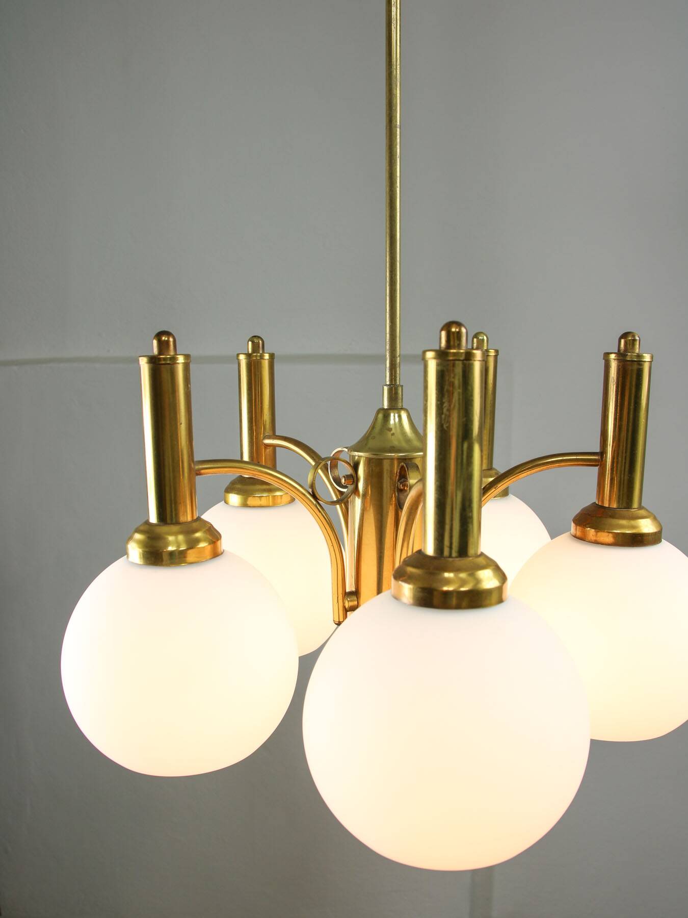 Mid-century Italian Brass and Opaline Chandelier