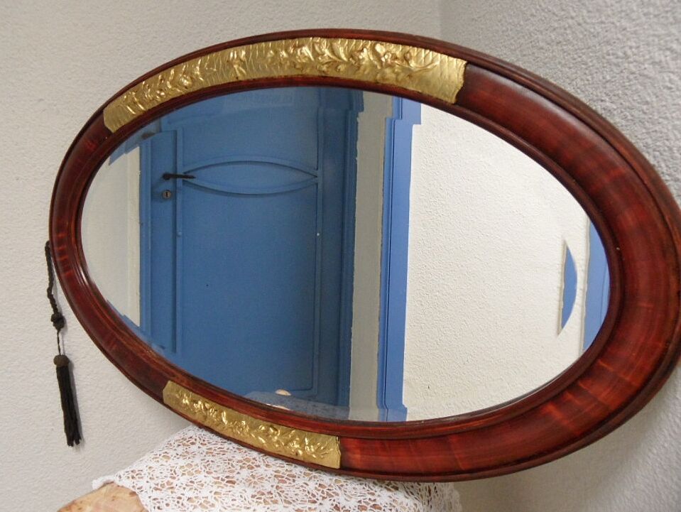 Miroir ovale bois époque moderniste art déco 1910 - 45x80cm