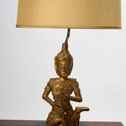 Paire de lampes  de table Bouddha en bois avec abat-jours