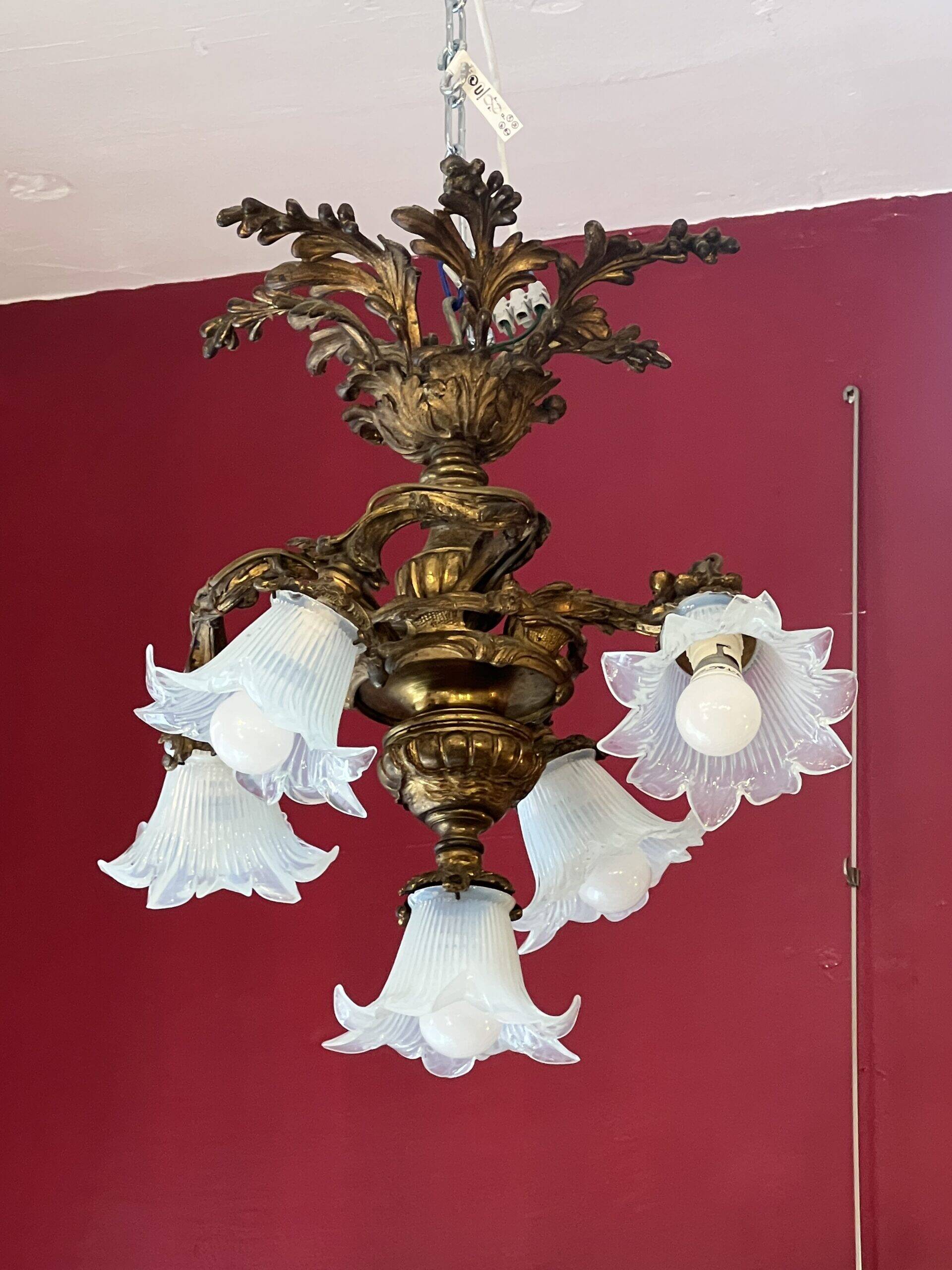 Solid bronze chandelier with moving arms, 19th century, opalescent tulips