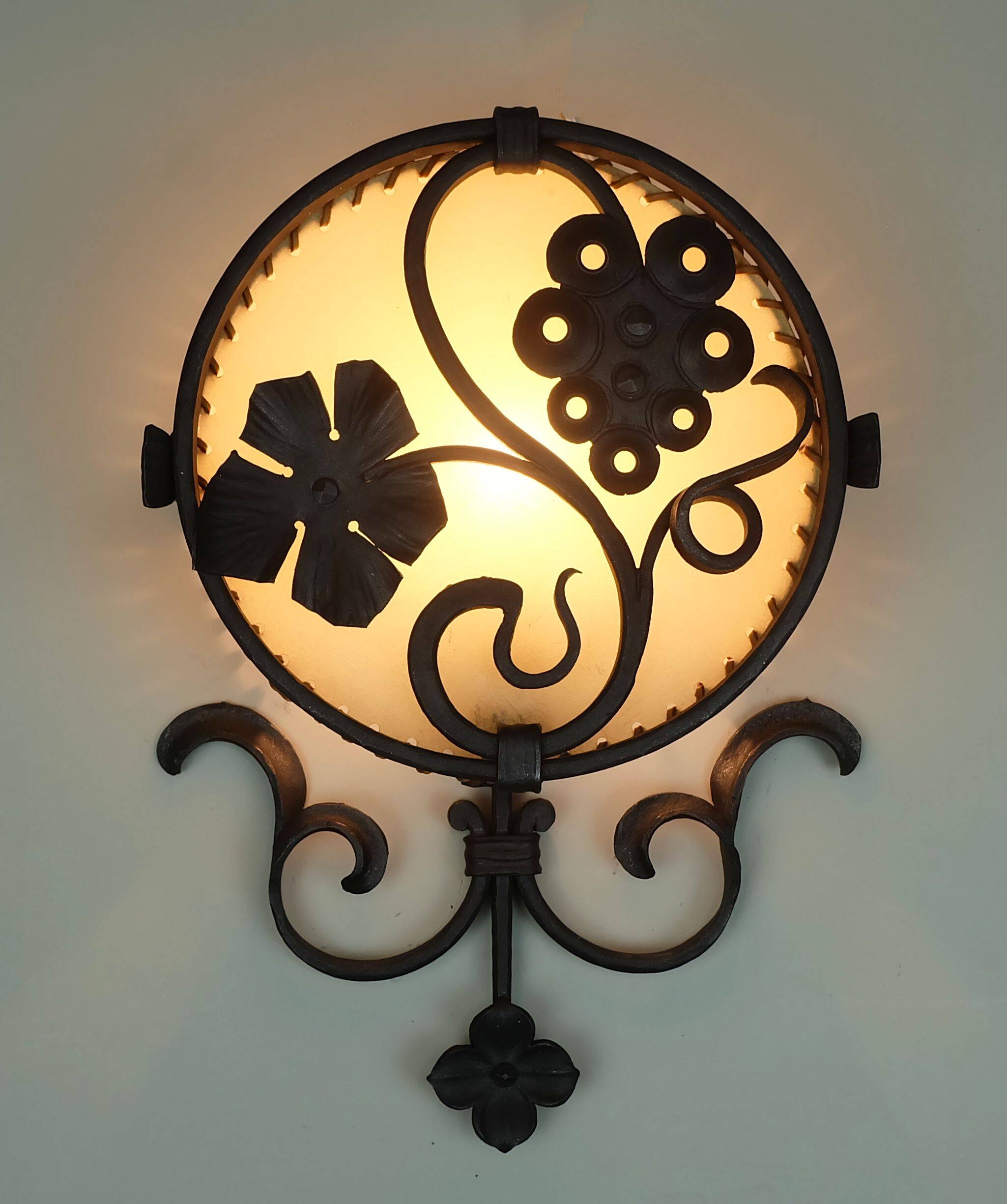 1970s WALL LAMP wrought iron and parchment koch & sons brutalist rustic