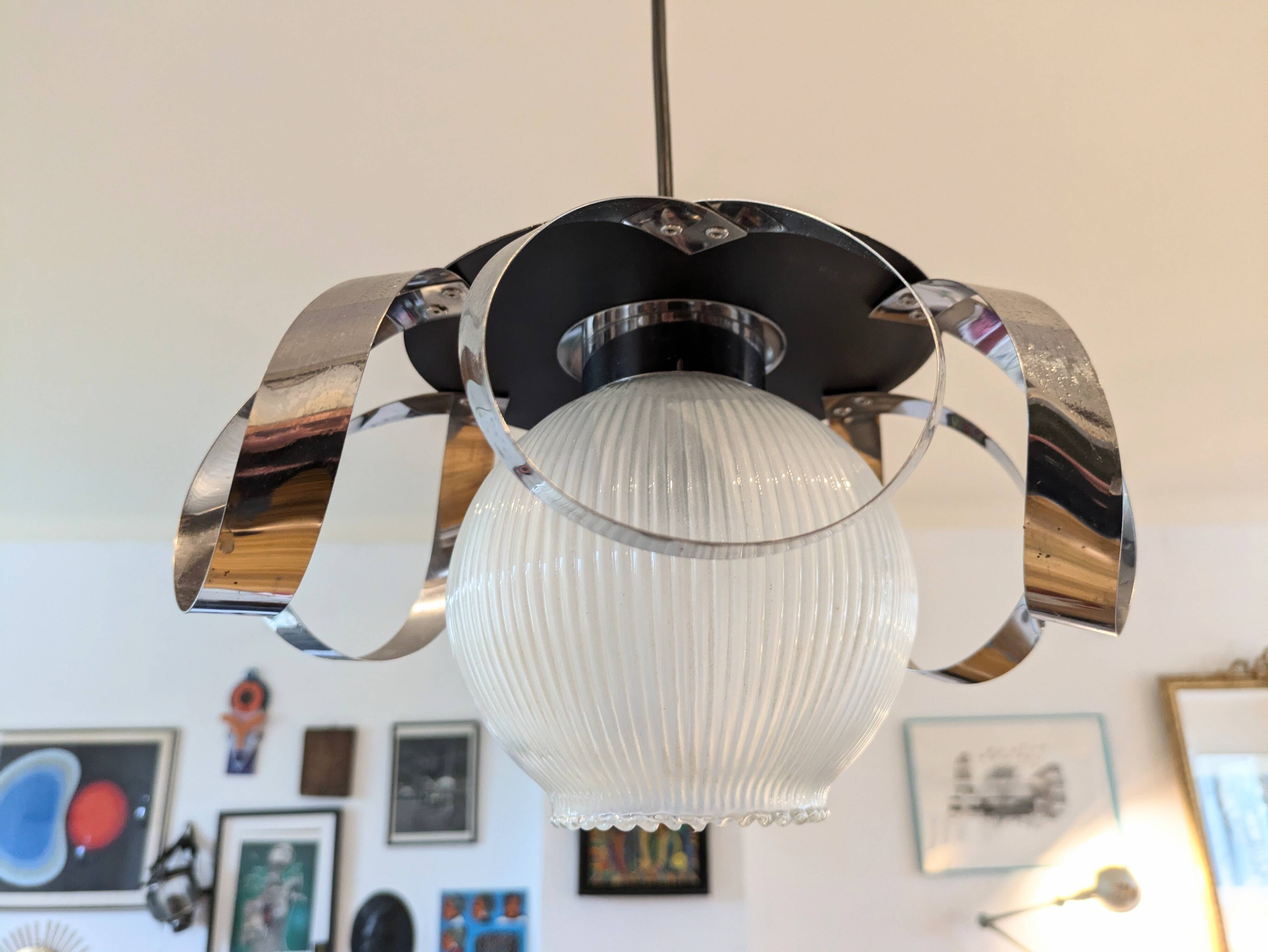 Space Age stainless steel and glass pendant light from the 70s