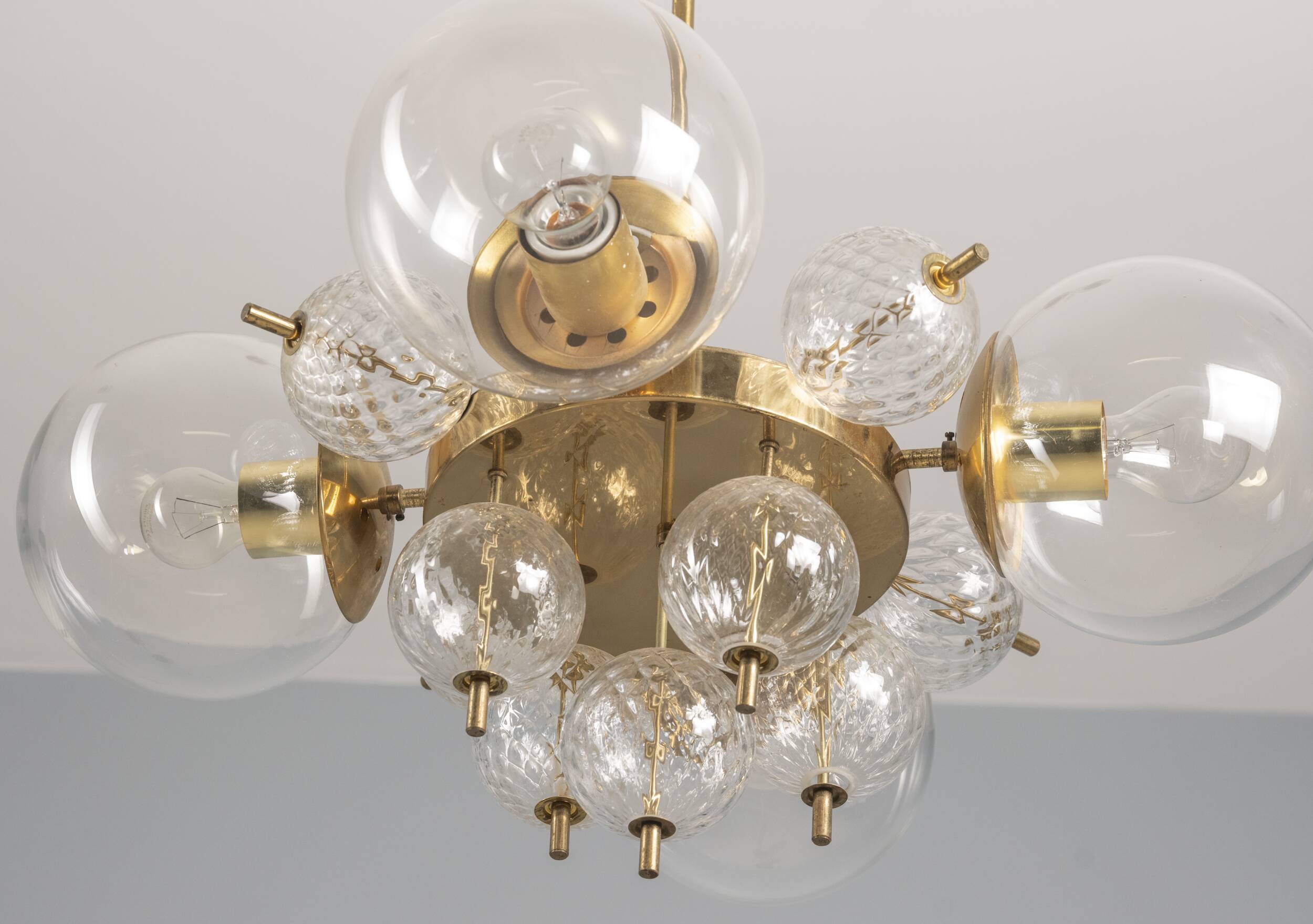 Glass and brass chandelier, Jaroslav Bejvl, 1970s, Czechoslovakia