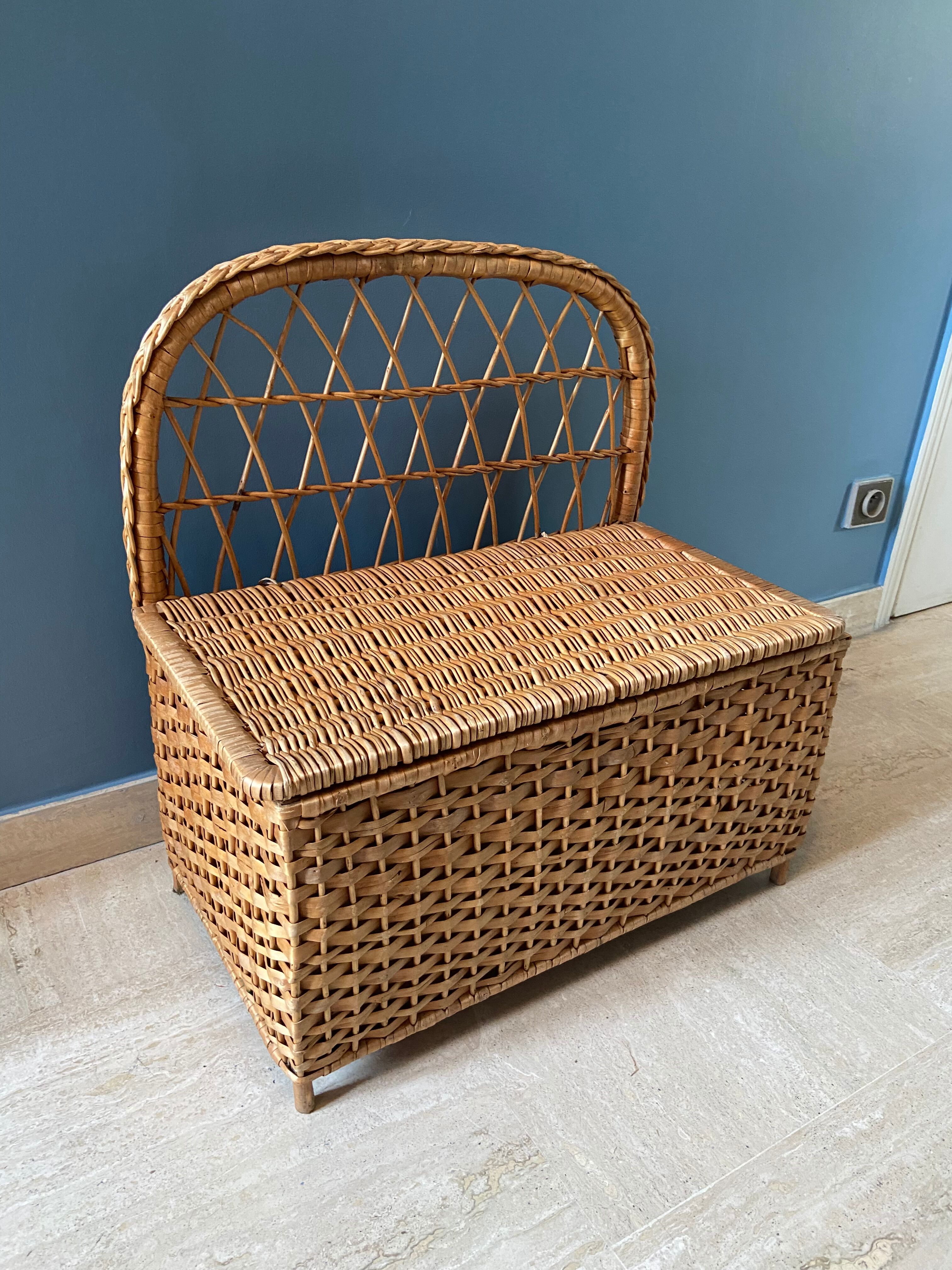 Vintage rattan bench toy chest