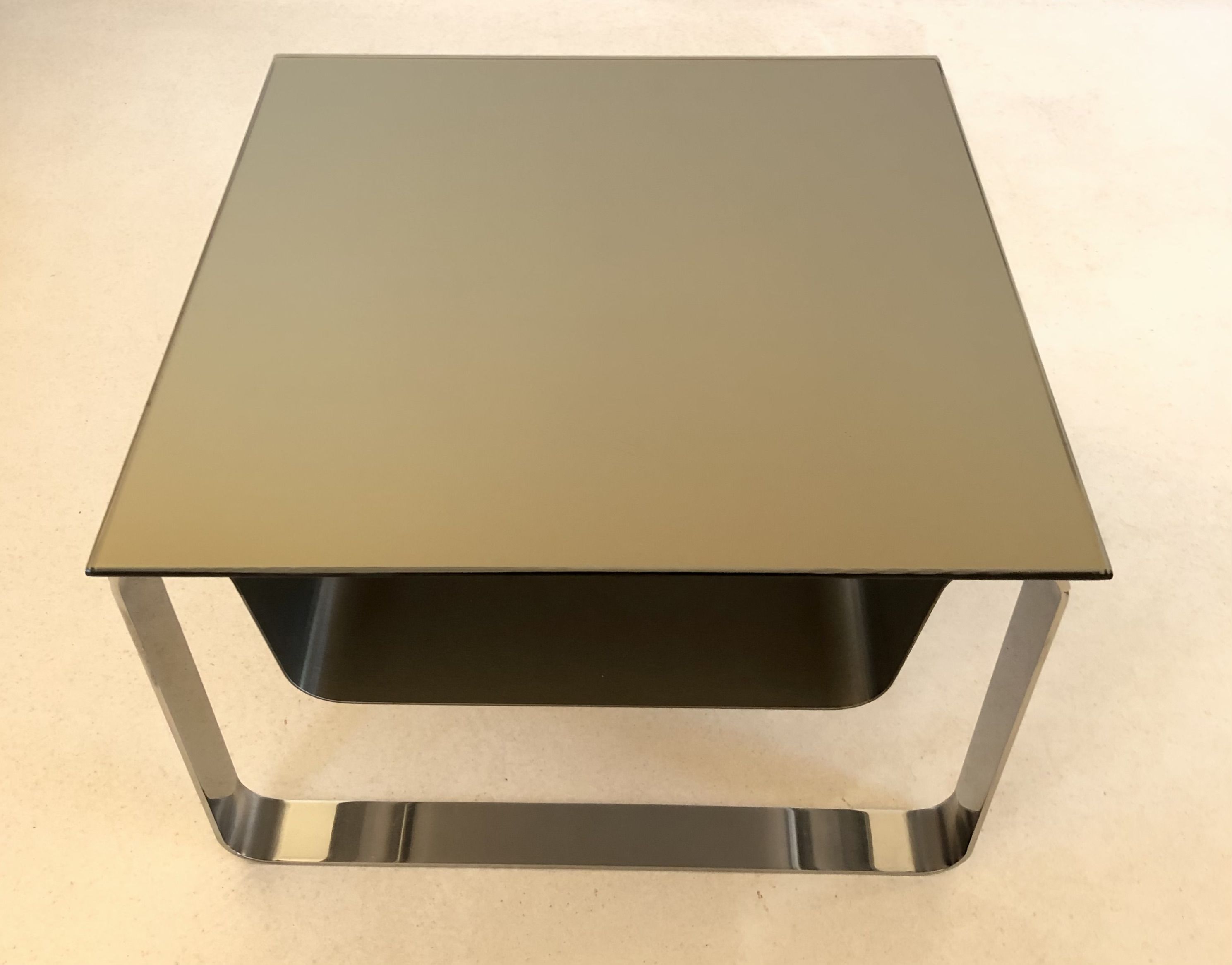 End of sofa, stainless steel magazine rack and mirror glass, France 70s