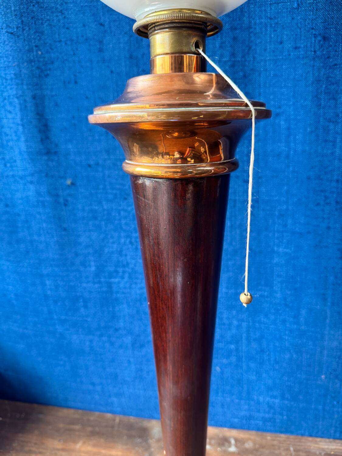 Mazda lamp – mahogany, copper and opaline – 1930s