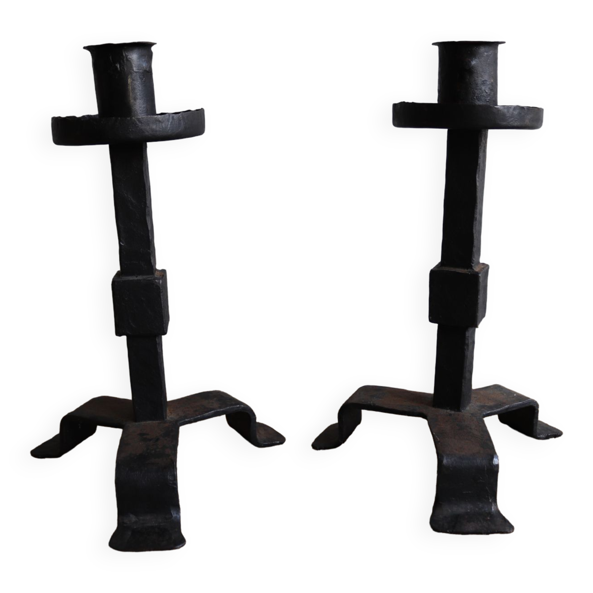Pair of large brutalist cast iron candlesticks from the 50s