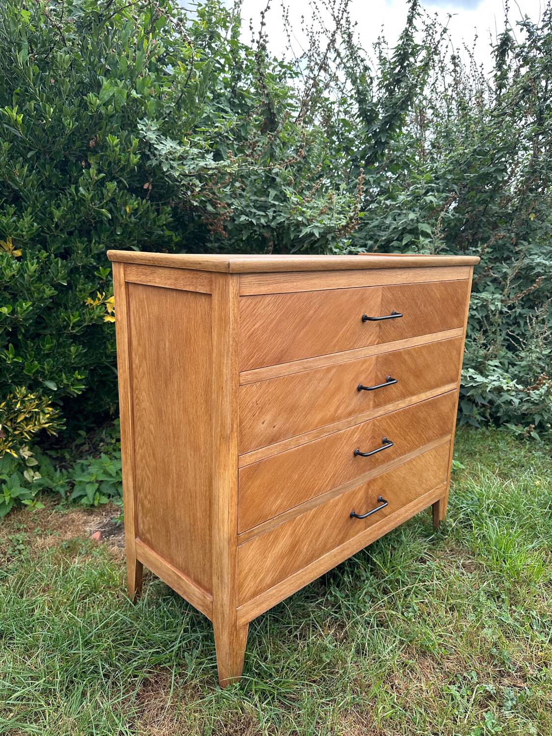 Vintage Scandinavian wooden chest of drawers with herringbone pattern - 4 drawers