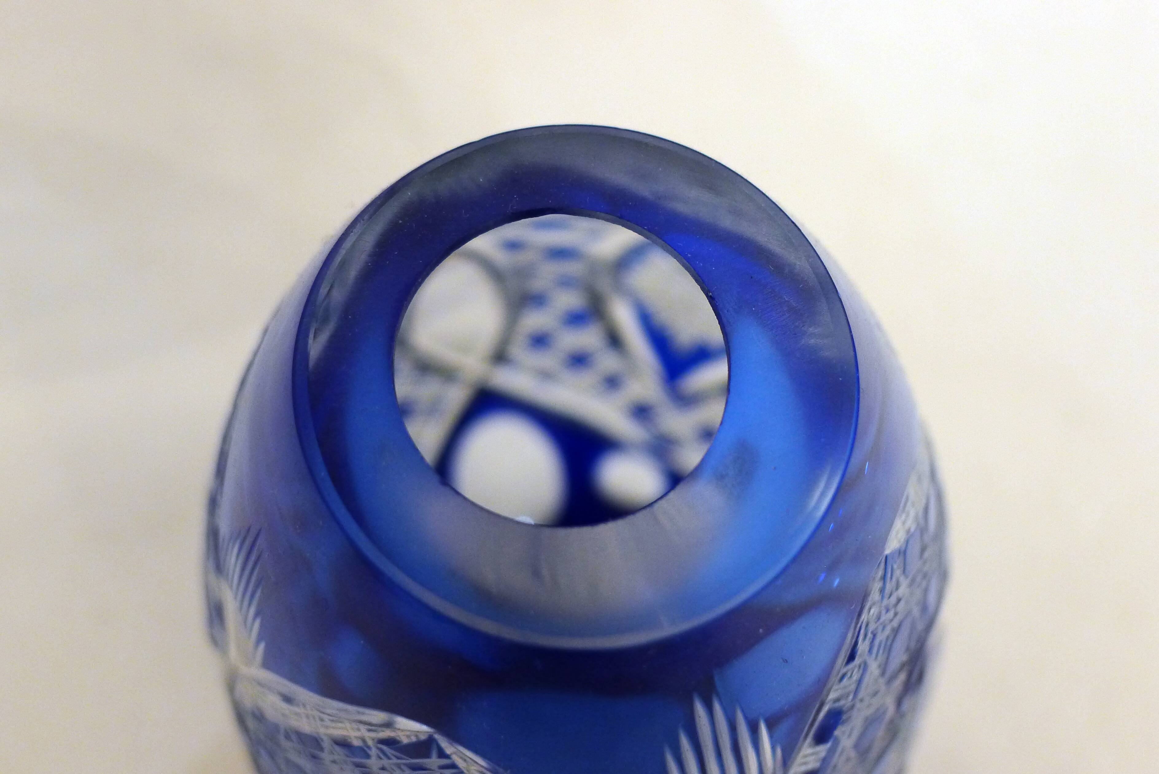 Small Bohemian crystal vase, cut with cobalt lining
