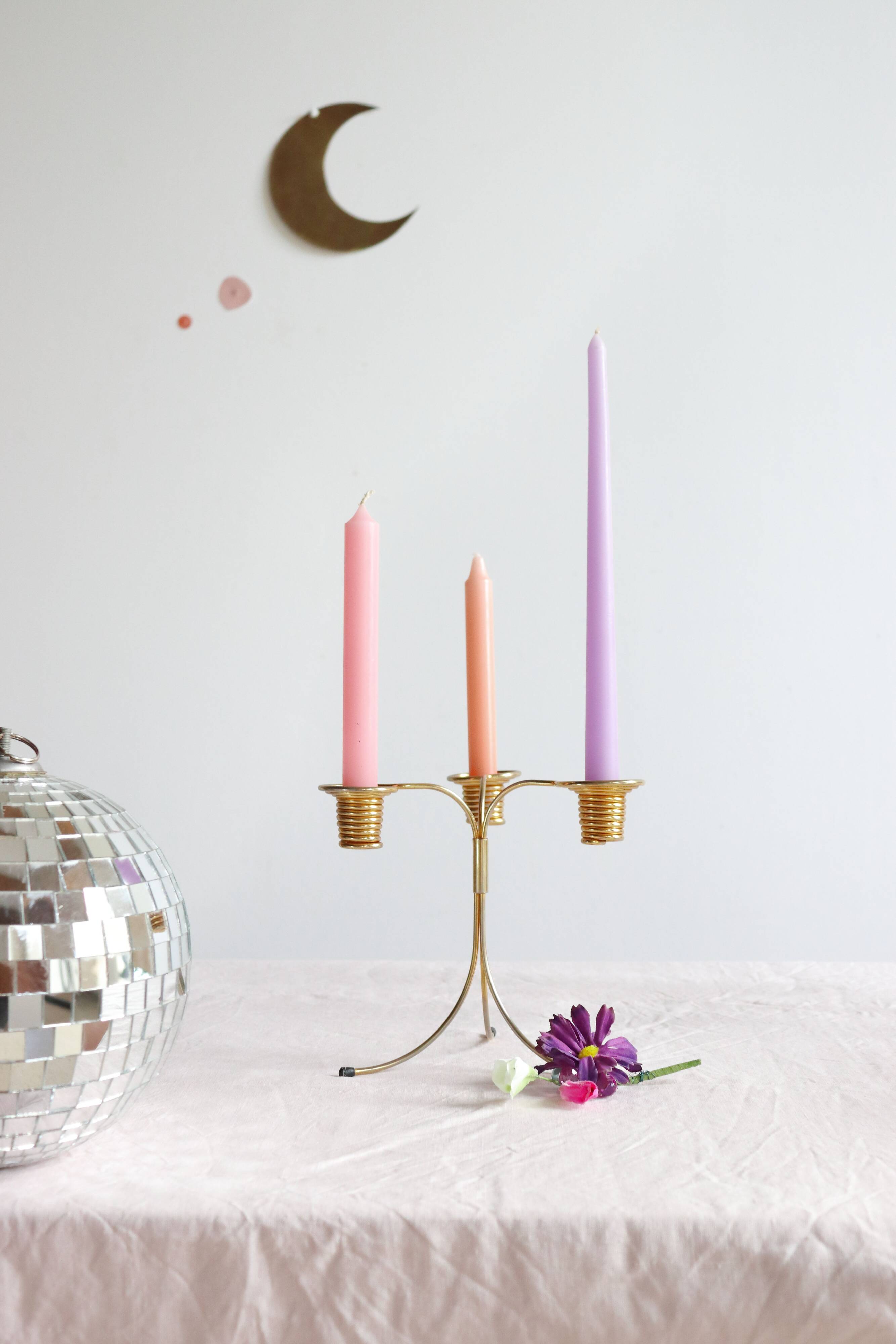 Pair of Vintage Rockabilly Style Gold Brass Spiral Tripod Candlestick Holders