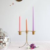 Pair of Vintage Rockabilly Style Gold Brass Spiral Tripod Candlestick Holders