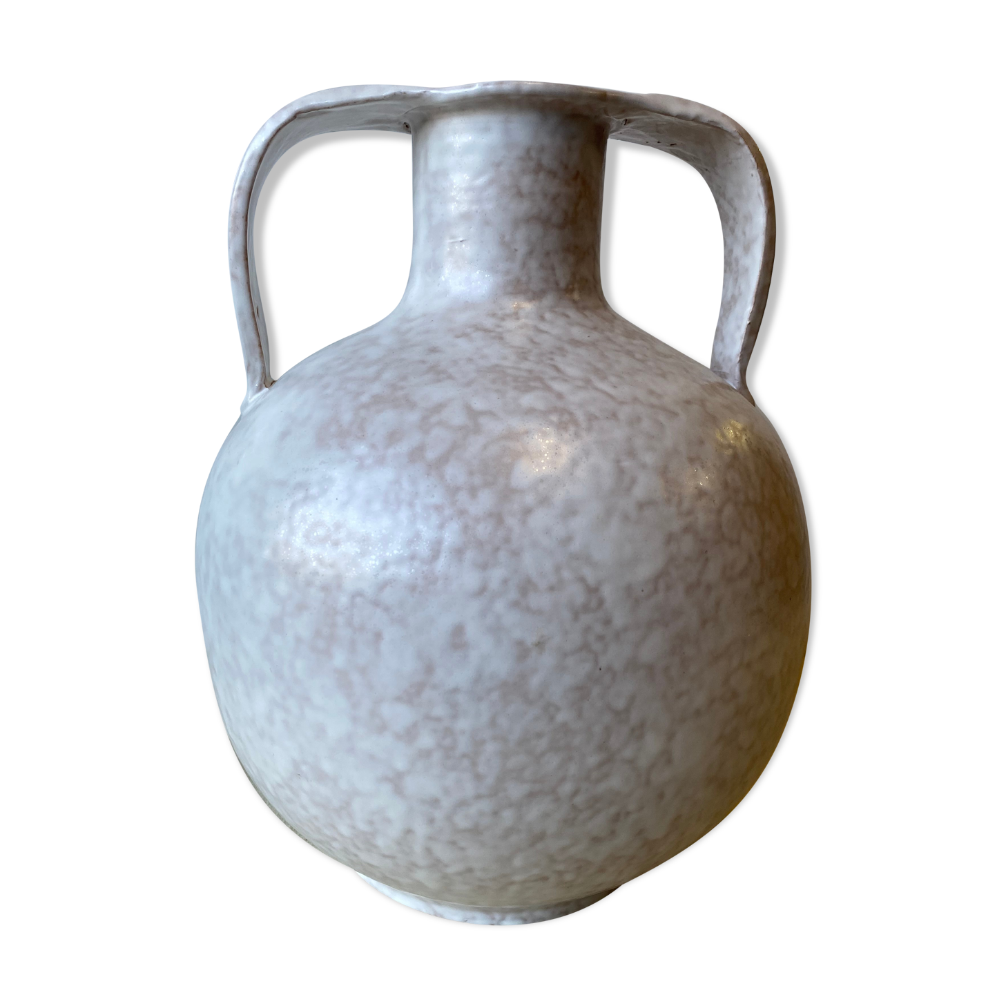 Vase - forme  boule à deux anses  en grés emaillé de couleur grège clair
