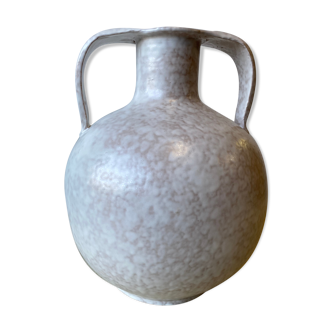 Vase - forme  boule à deux anses  en grés emaillé de couleur grège clair