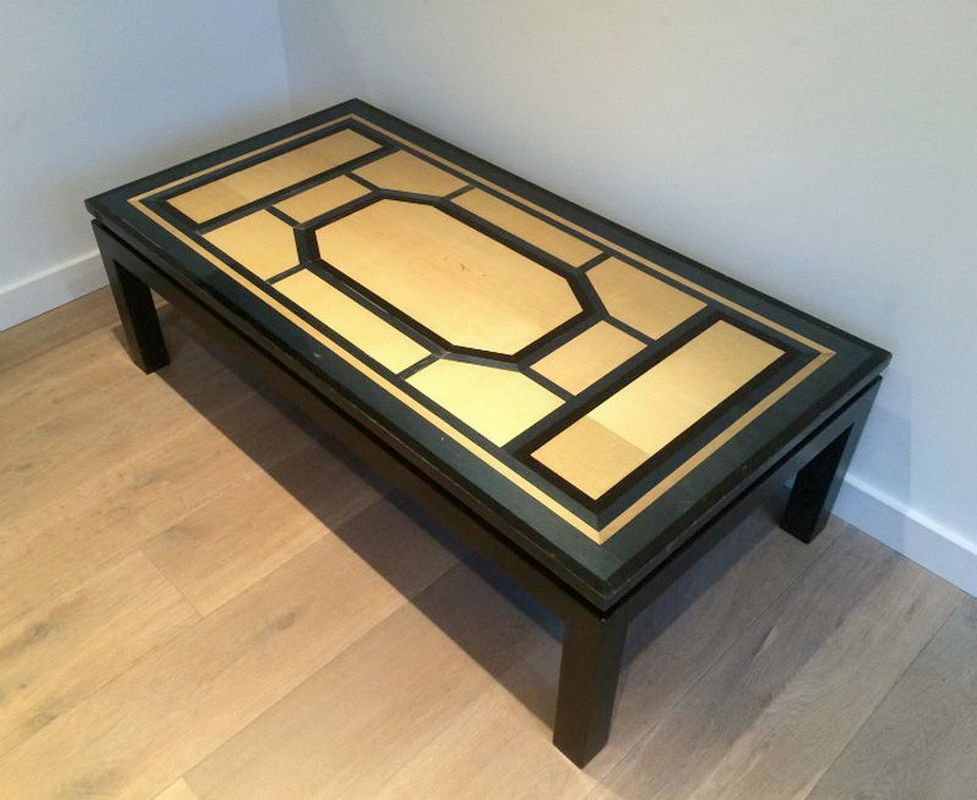 Beautiful coffee table lacquered in black, eggshell and blue