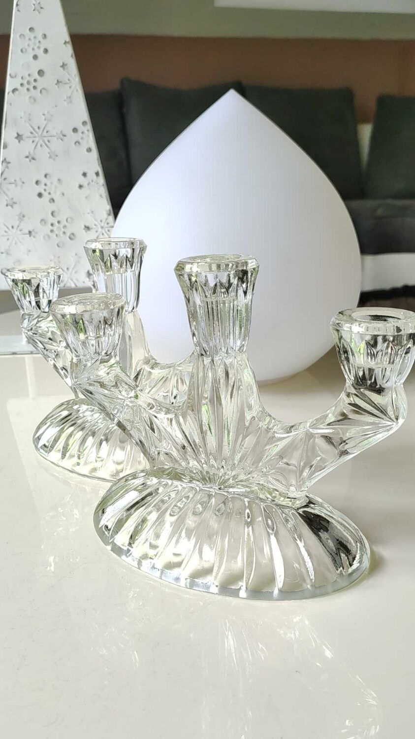 Pair of 3-spoke candlesticks, in art glass. Oberglas Austria. 50s