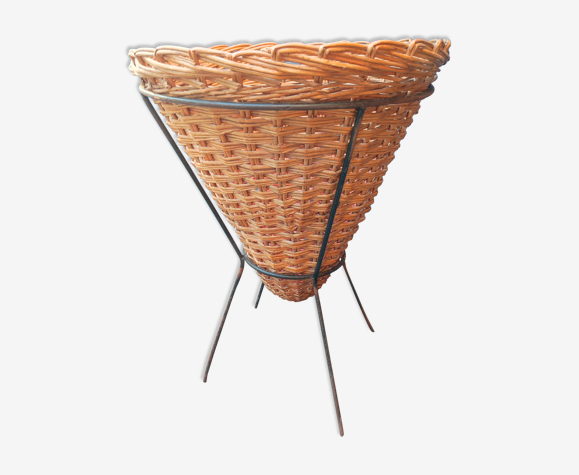 Travailleuse couturière présentoir tripode acier osier rotin vintage