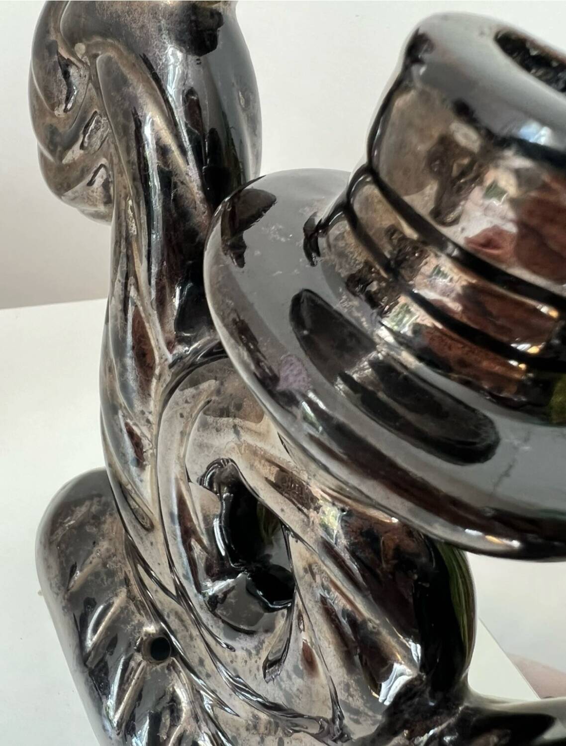 Pair of vintage iridescent black candlesticks, Vallauris style