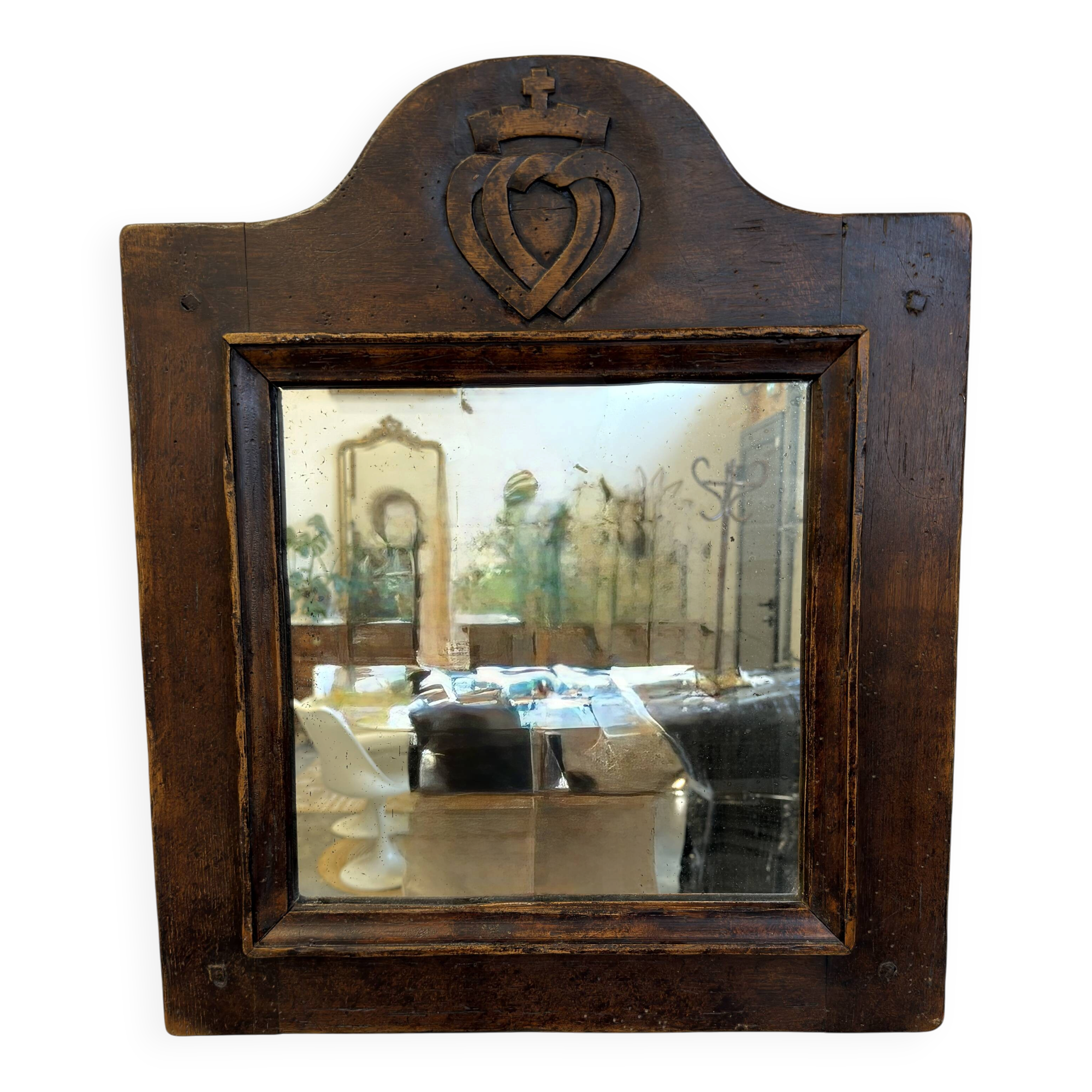 Antique carved wooden mirror – Sacred Heart decoration – 19th century