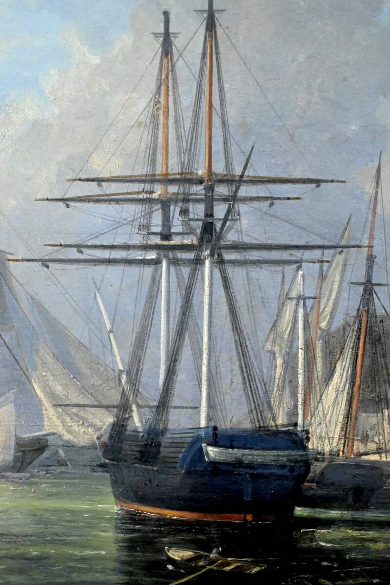 Tableau "Quay in Light", oil on panel, signed Jules d'Évry – Mid 19th century