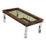 Vintage rectangular coffee table 1970 chrome, wood & smoked glass