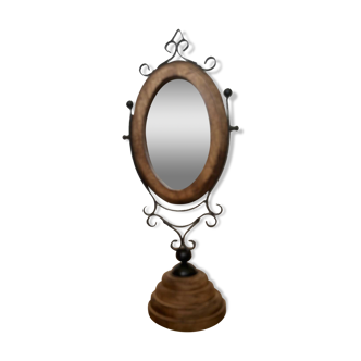 Standing mirror in wood and wrought iron.