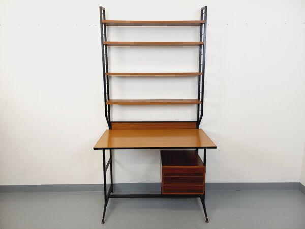 Bureau italien moderniste avec bibliothèque étagère string teck métal