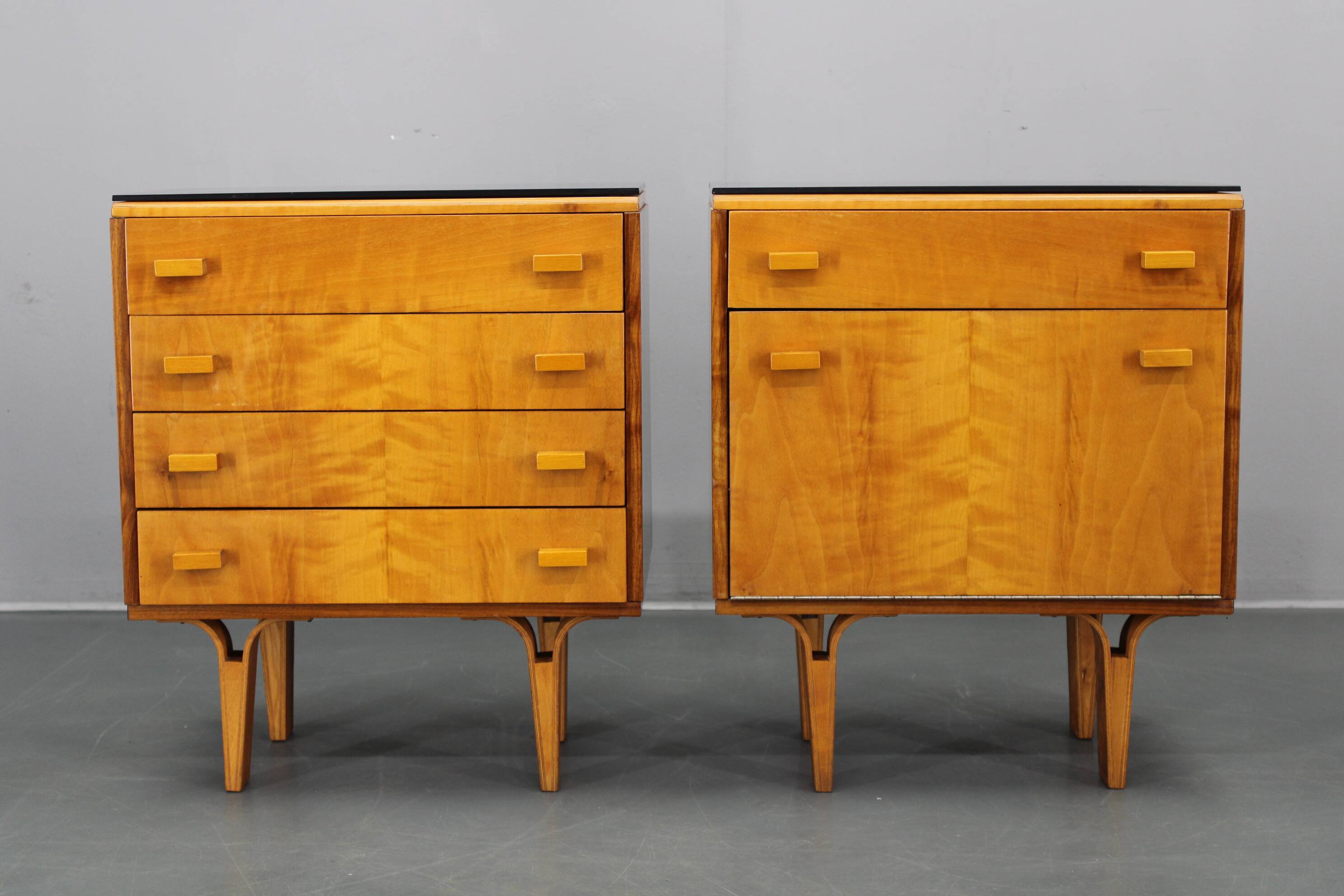 1960s František Mezulaník mid-century maple nightstands with black glass tops