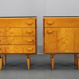 1960s František Mezulaník mid-century maple nightstands with black glass tops