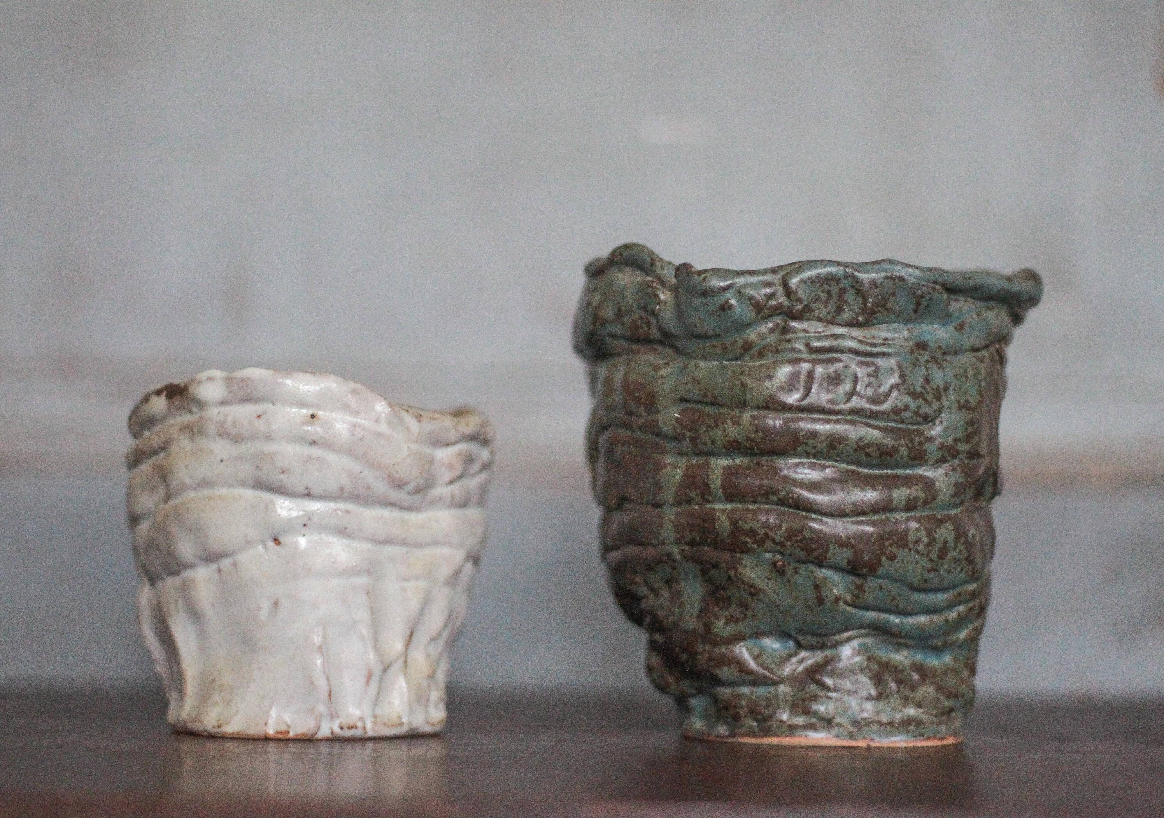 Pair of signed glazed stoneware vases, plant pot, cache-pot.