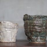 Pair of signed glazed stoneware vases, plant pot, cache-pot.