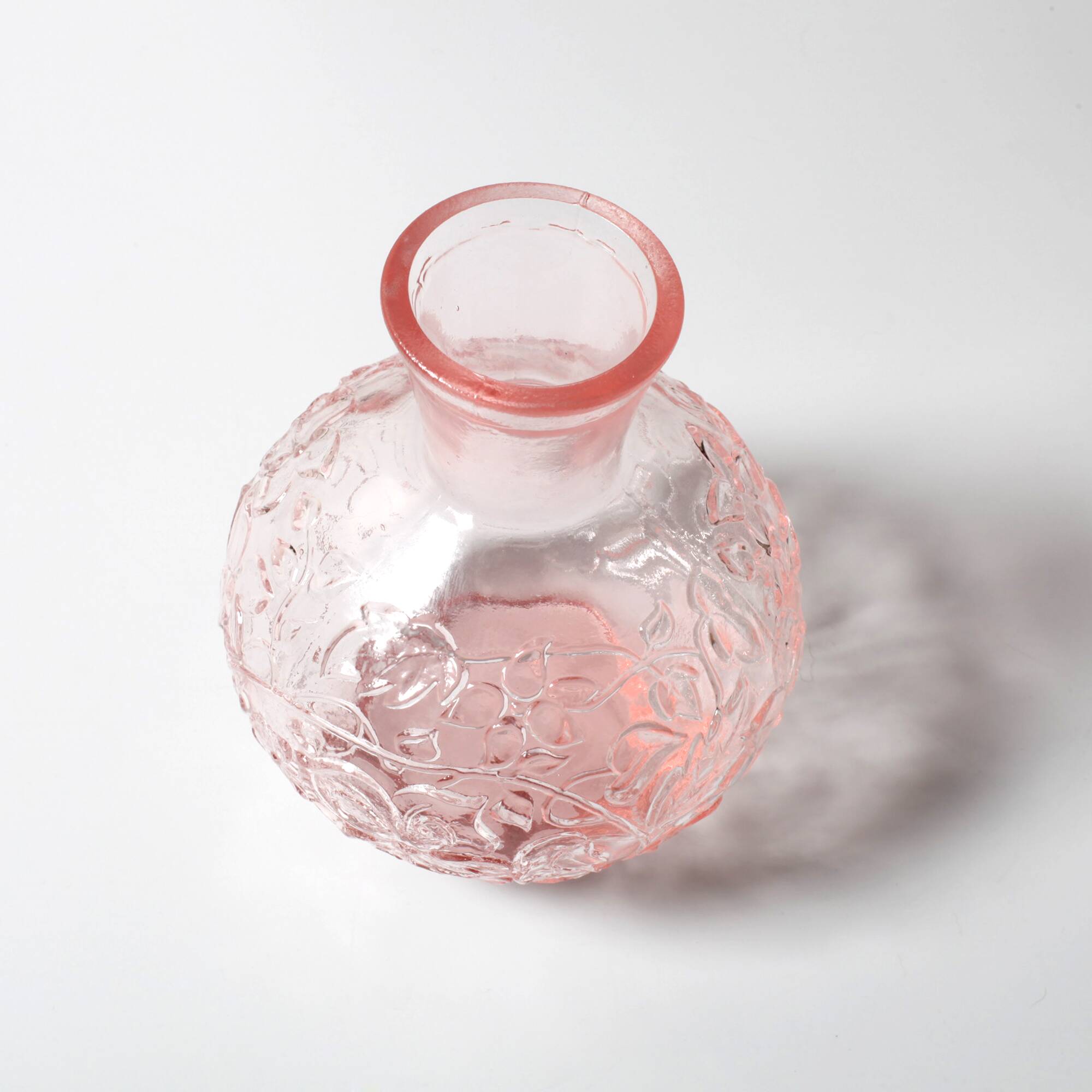 Vintage Small Pink Pressed Glass Vase with Flowers Pattern / Italy / 1960s