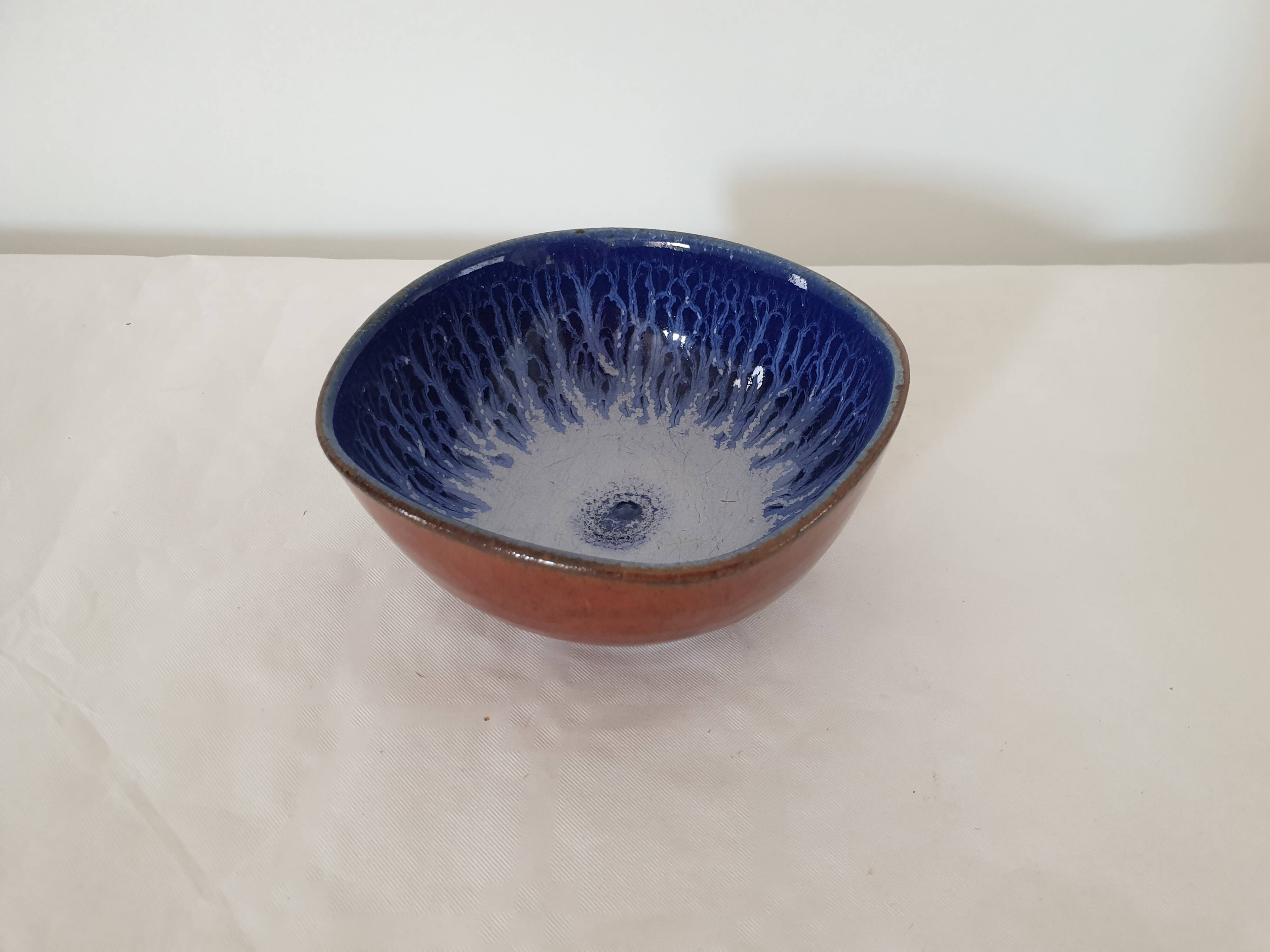 Glazed ceramic bowl / cup Blue interior Signed Alésia