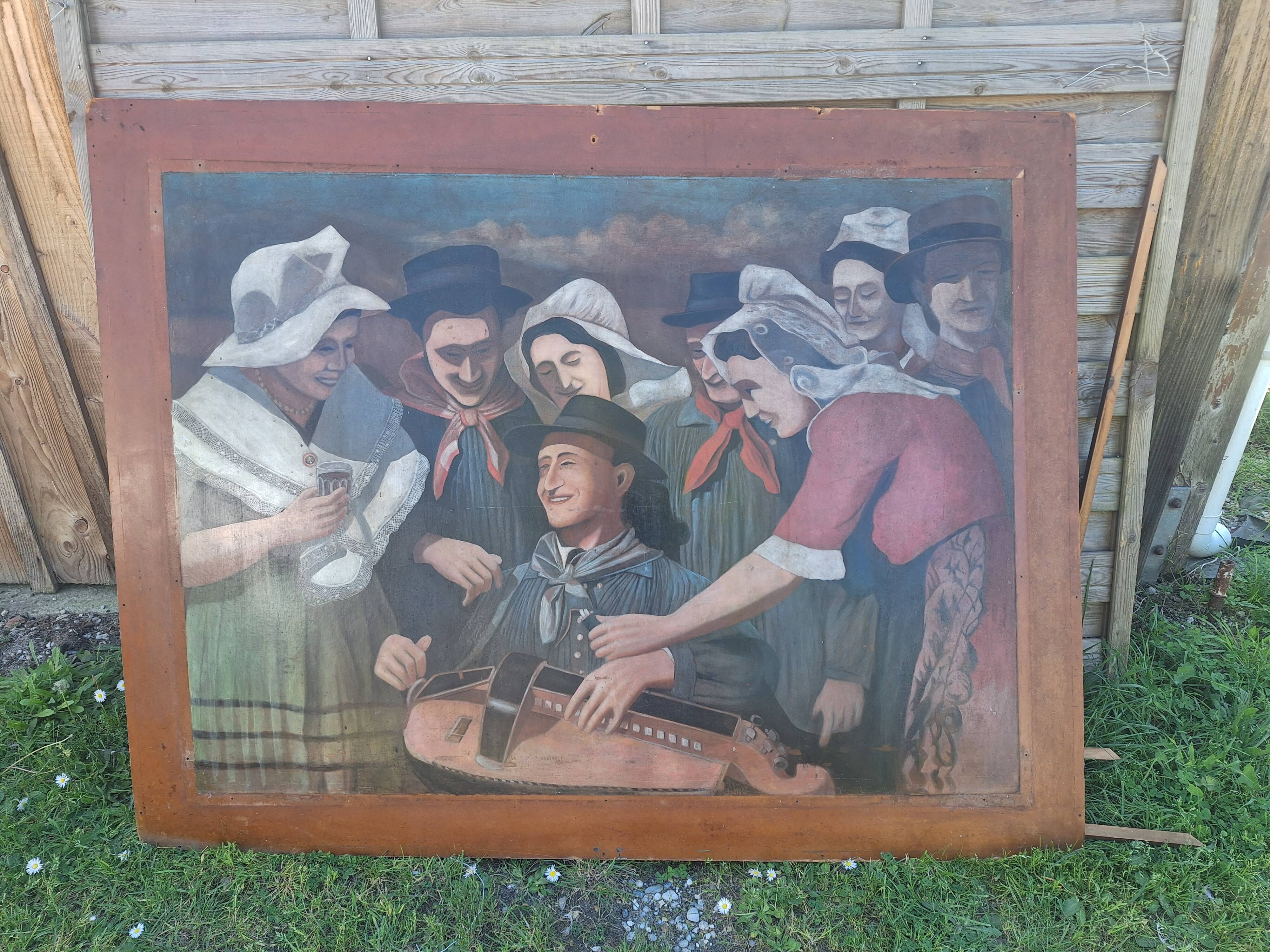 Very Large Oil on Panel Hurdy-Gurdy Player Corrèze Auvergne