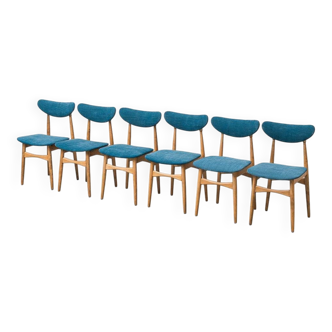 Set of 6 restored vintage chairs in wood and blue fabric, 1960s modernism