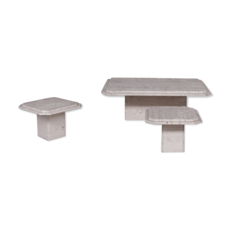 Travertine mid-century coffee table and side table set