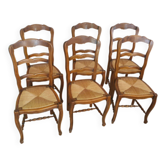Série de 6 chaises assise paille style Louis XV en merisier
