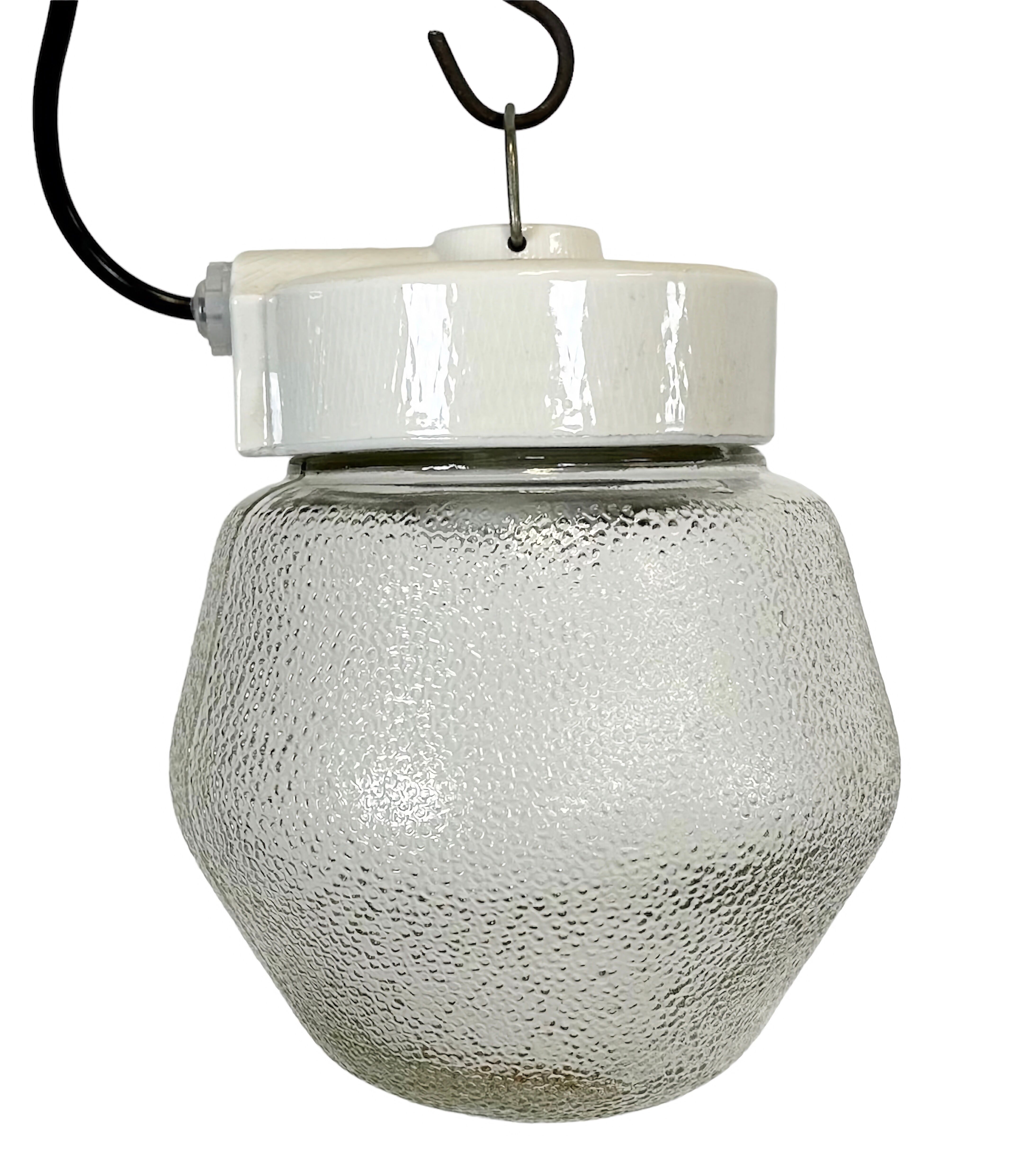 Vintage White Porcelain Pendant Light with Frosted Glass, 1970s