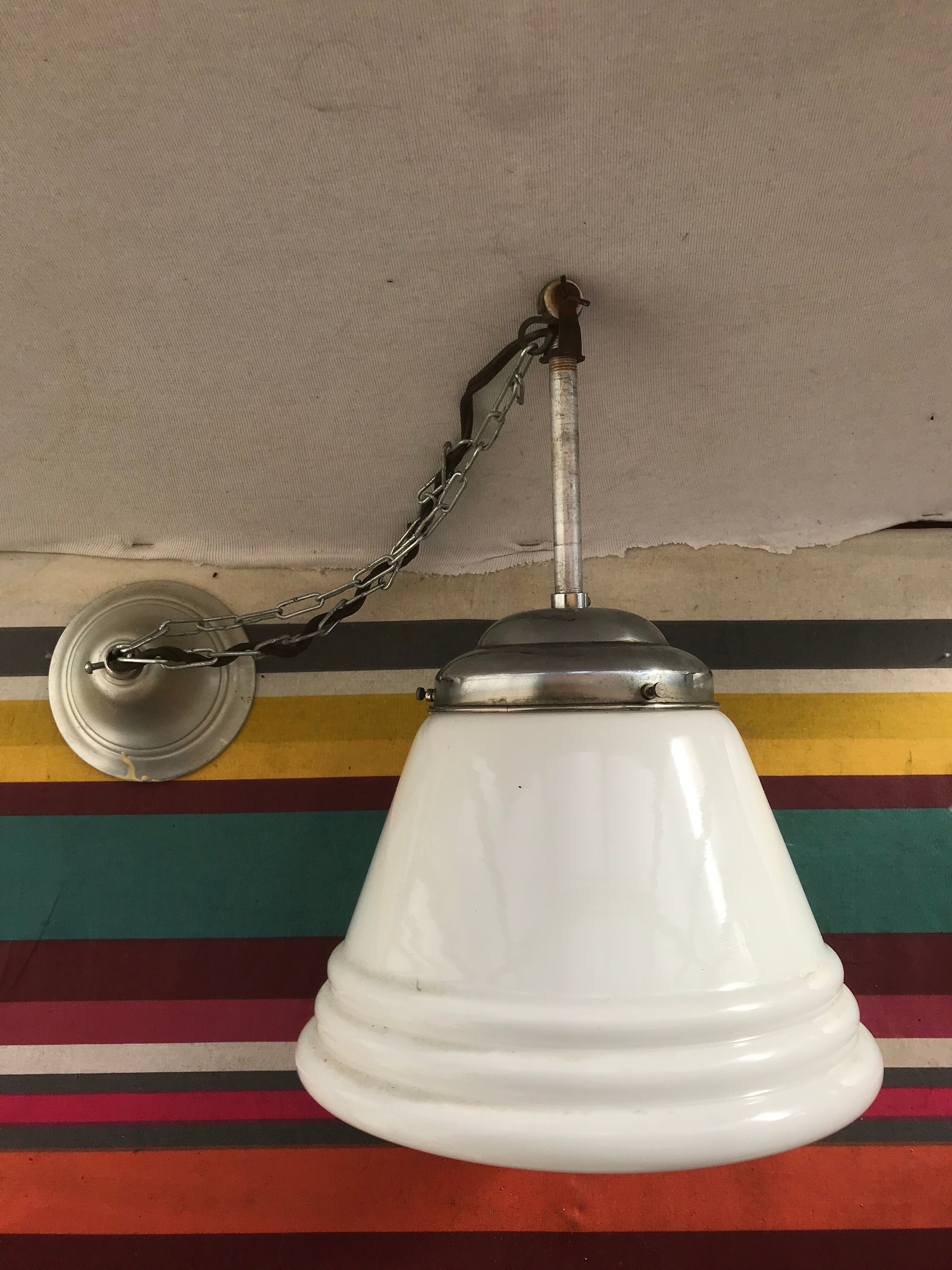Old white opaline suspension - alu support 50 years vintage