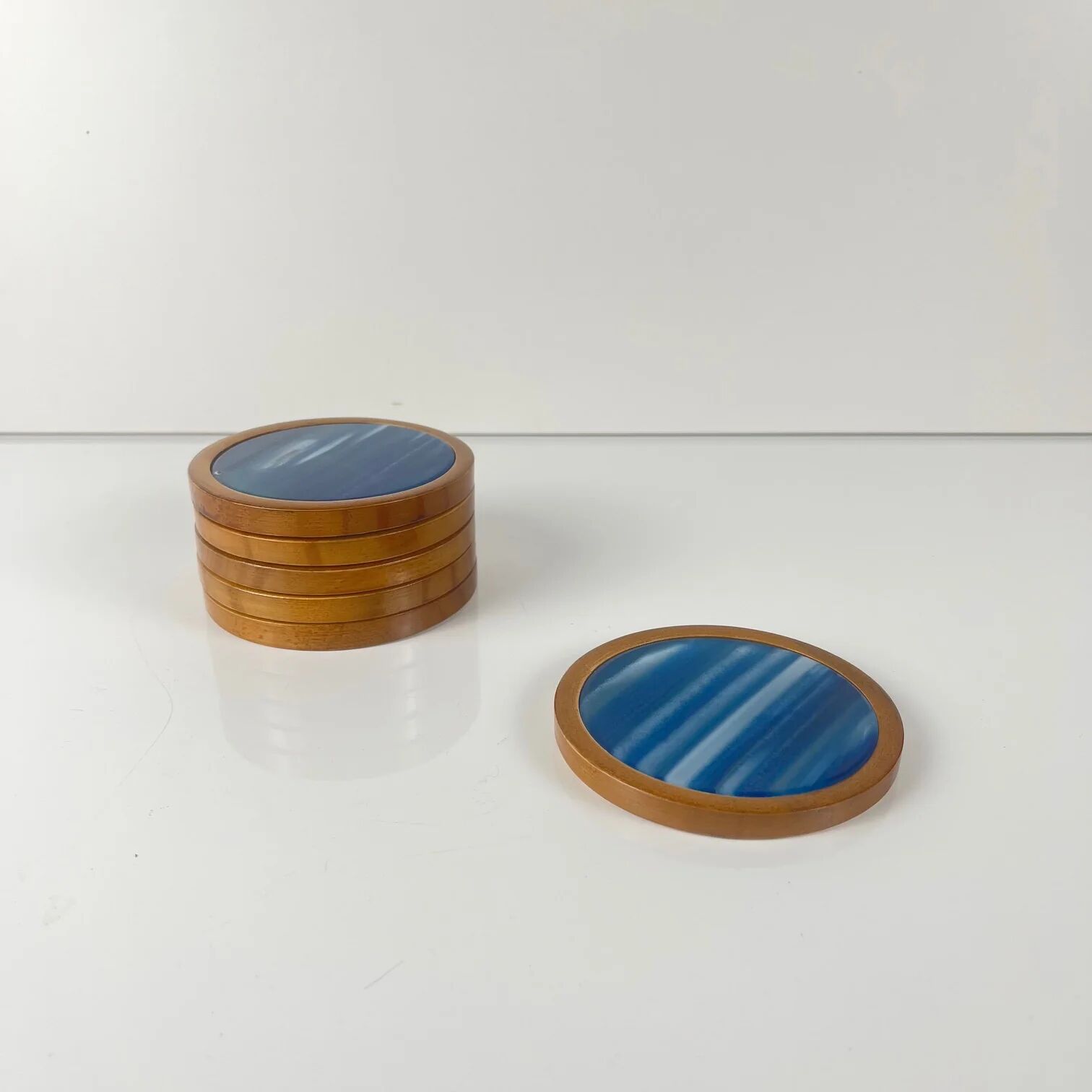 Set of 6 blue agate and wood coasters, mid-century modern.