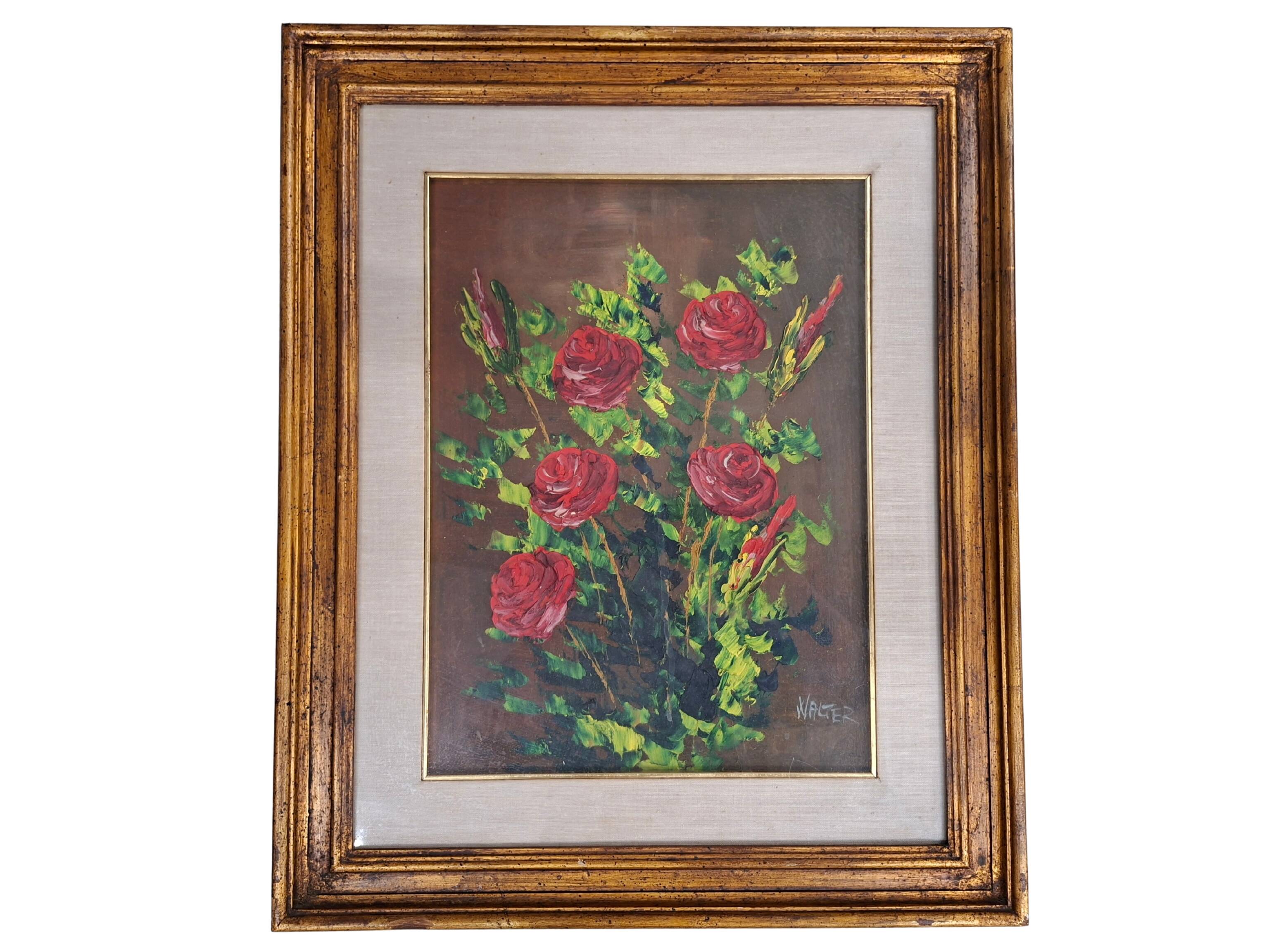 Dipinto "Rose Rosse" – Firmato WALTER – Elegante Cornice Dorata