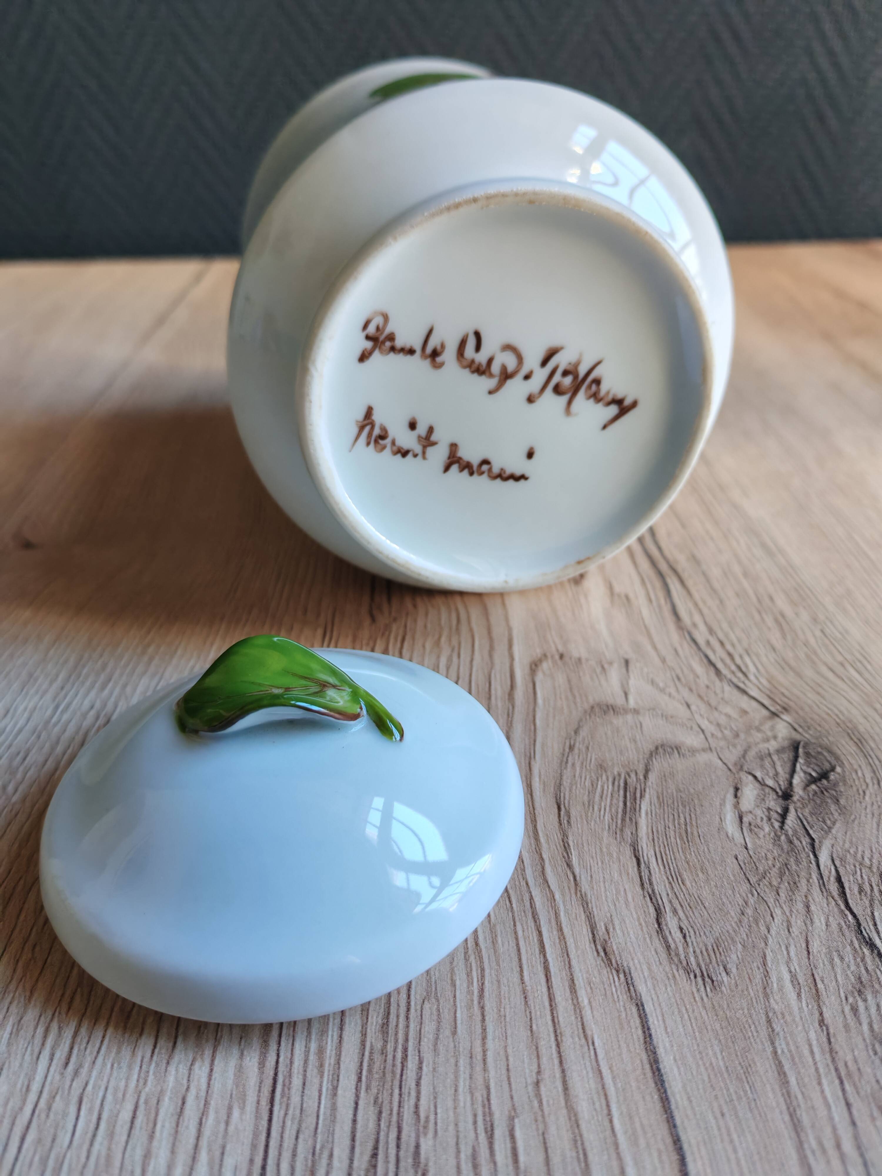 Porcelain jam pot with hand-painted plum design, signed sweet jar.