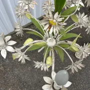 Large antique painted tin chandelier - Floral decoration with daisies and foliage.