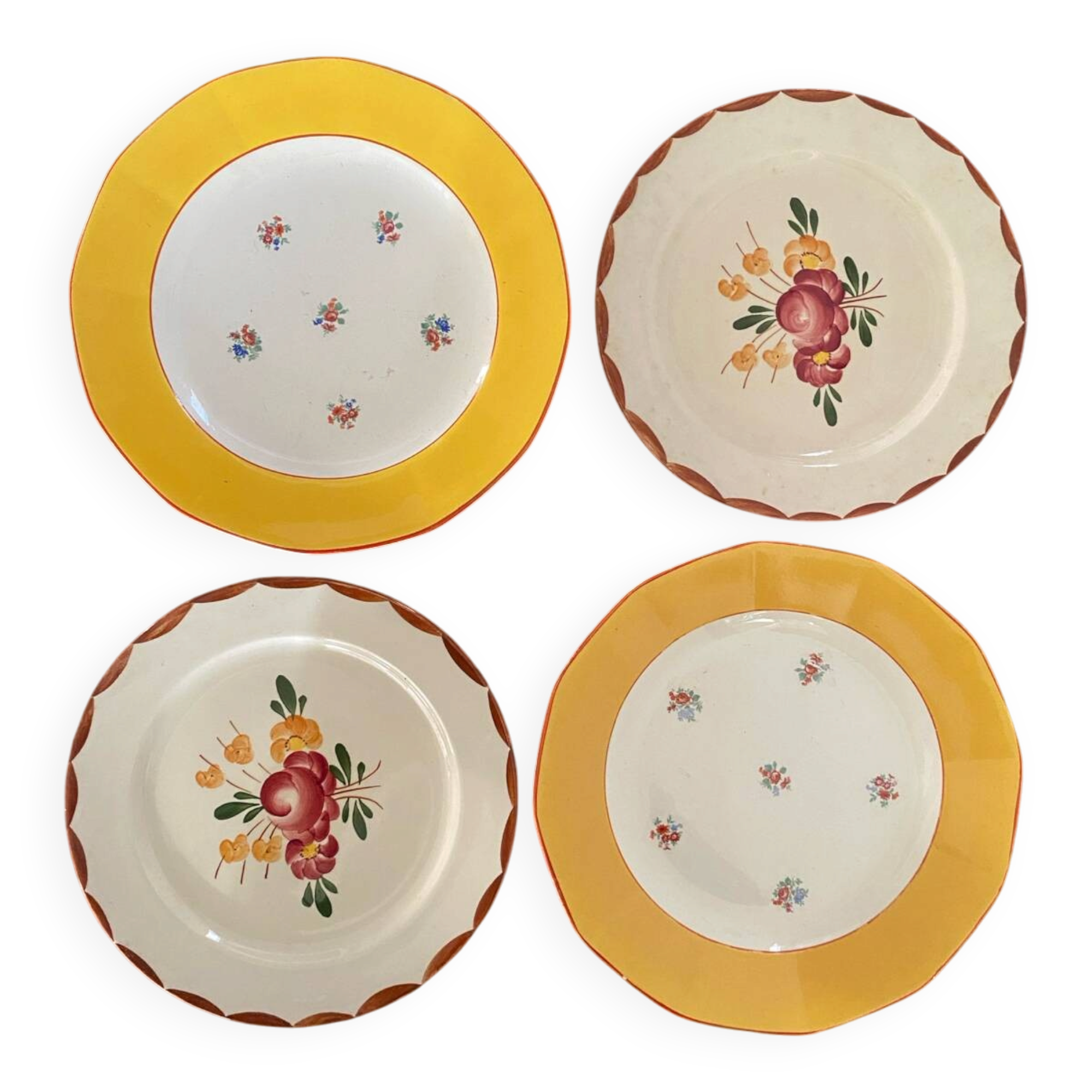 Flowered stamped dessert plates and matching ones.