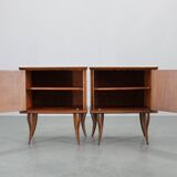 Pair of mid-century Italian walnut nightstands with glass top, 1950s
