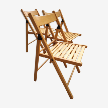 Lot de 3 chaises de jardin vintage pliantes en bois blond verni non teinté