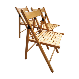 Lot de 3 chaises de jardin vintage pliantes en bois blond verni non teinté