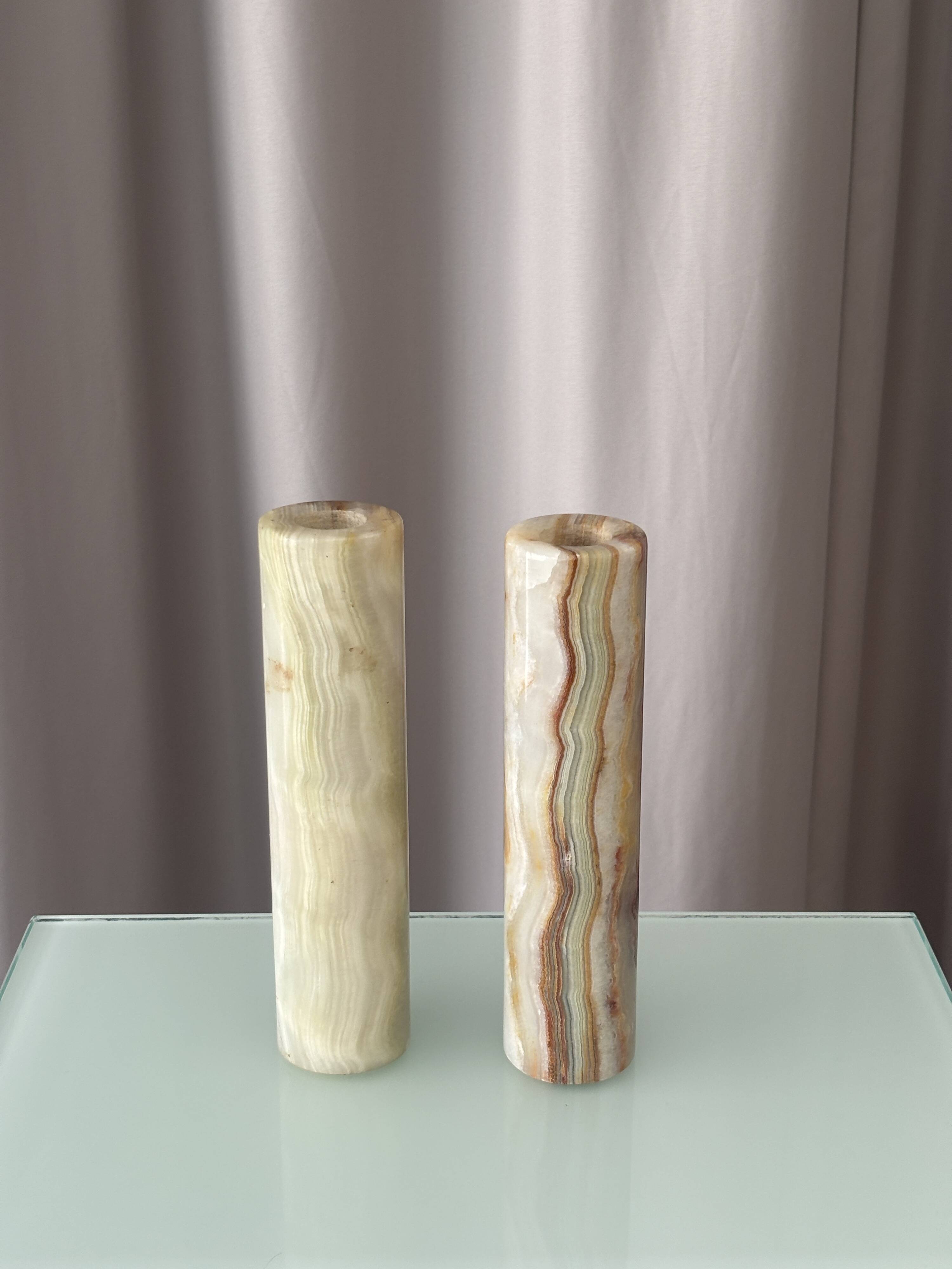 Vintage Alabaster Bud Vases / Candlesticks – Pair – Italian Stone – 20 cm