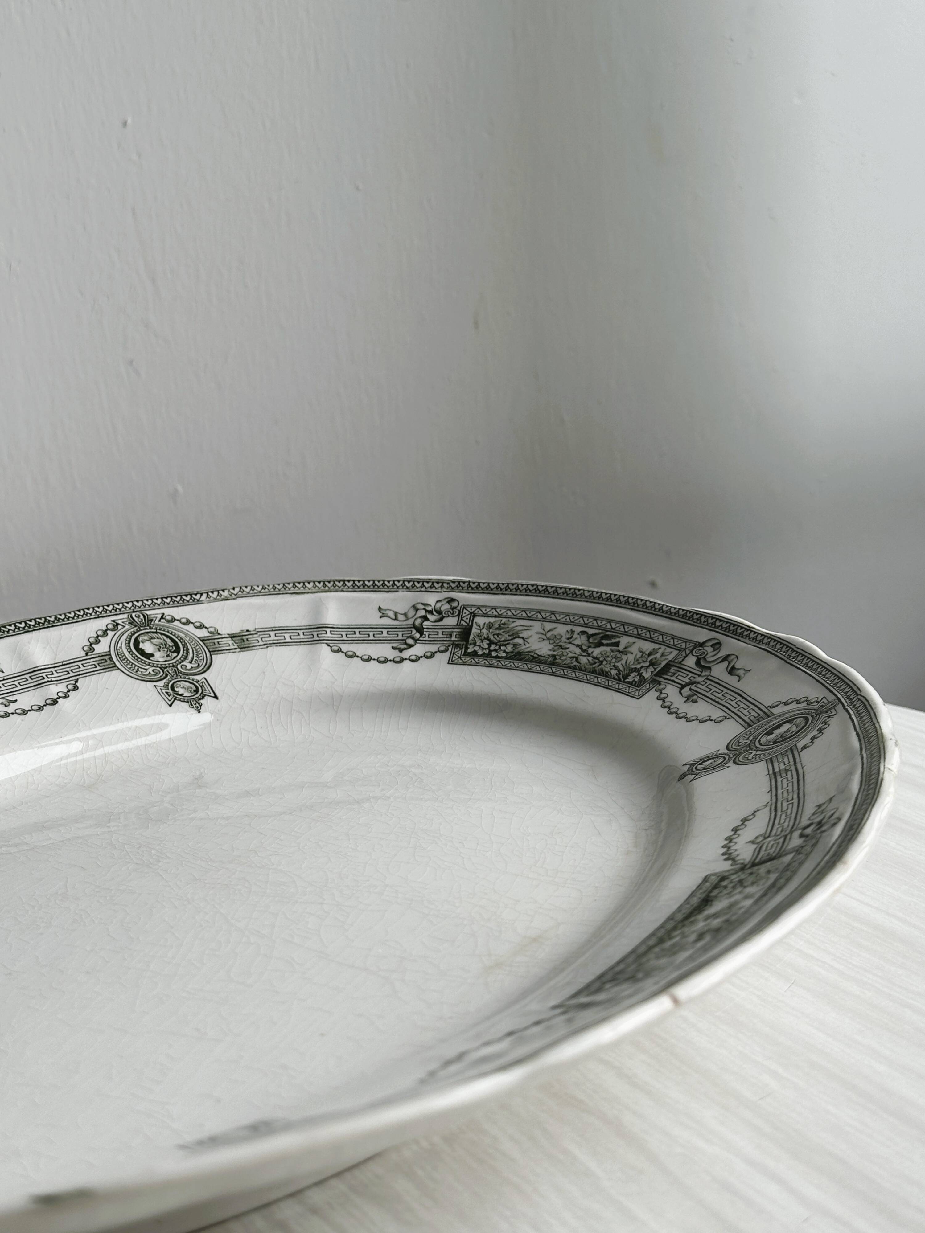 Antique oval earthenware dish, black and white neoclassical decor